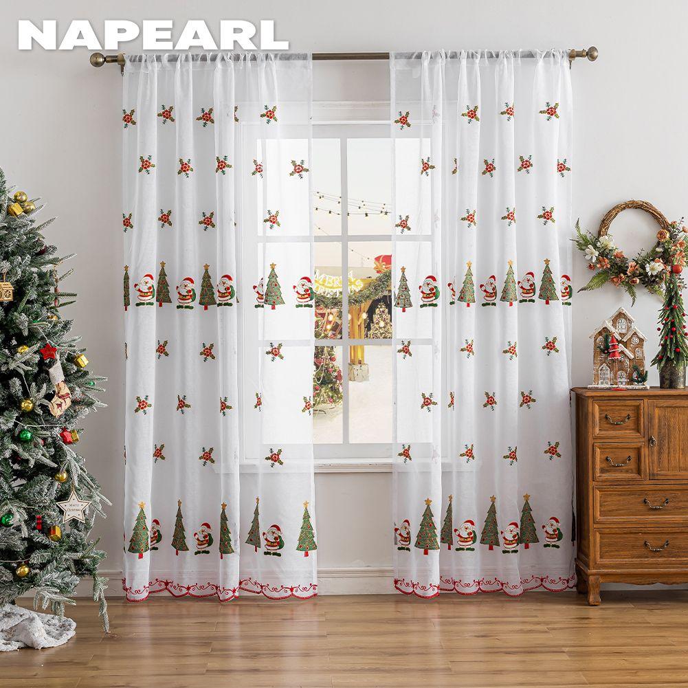 1PC NAPEARL Christmas Style Sheer Curtains Exquisite Embroidered Tulle Curtains for Living Room Bedroom Balcony Window Home Decor
