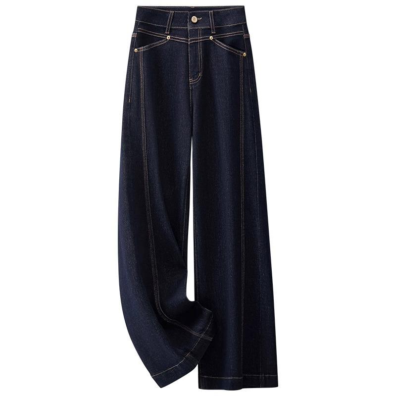 Spring 2025 Women's Dark Blue Retro Wide-Leg Jeans: High-End, Floor-Length, Loose Straight-Leg Pants