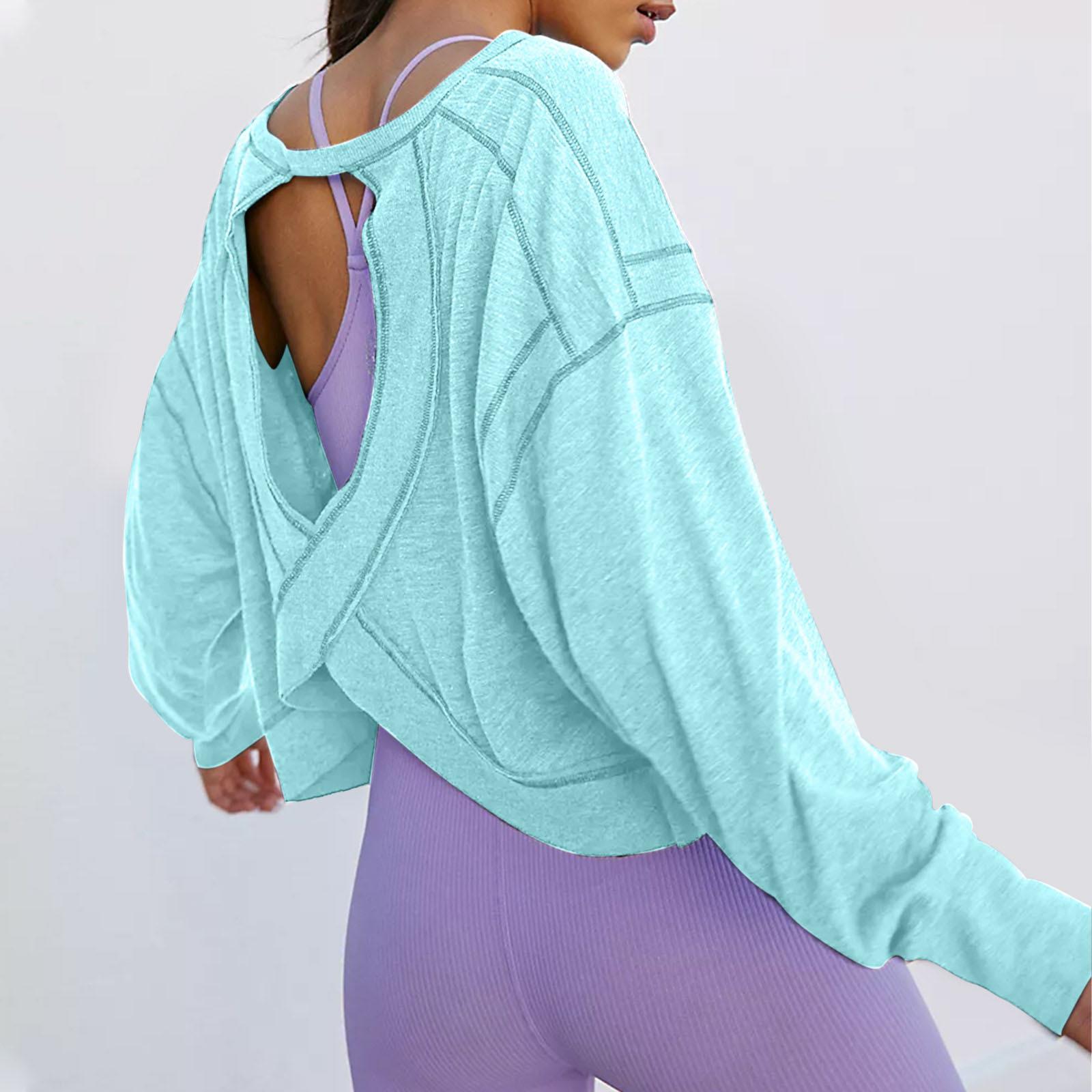 

Backless Long Sleeve Fashion Unique Sports Loose Fit T-Shirt L світло-синій колір