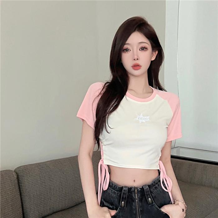 Summer Color Blocked Drawstring T Shirts Women‘s O-neck Short-sleeve T-shirt Casual Elastic Skinny Y2k Crop Tops Women Clothes