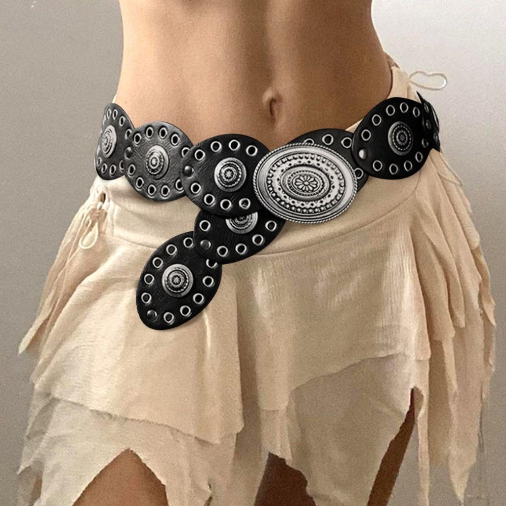 Zinc Zinc Alloy Cowgirl Buckle Belt Vintage Oval PU Hollow Belt Fashion Cowboy Waistband  Dress Decoration