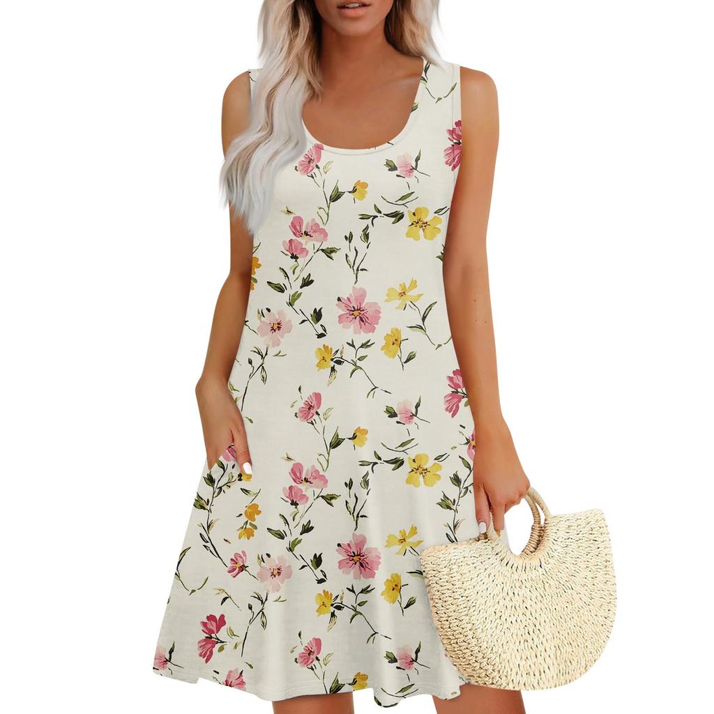 Women's Summer Floral High Waist Bohemian Dress Casual Hawaiian Flowing V Neck Holiday Dress