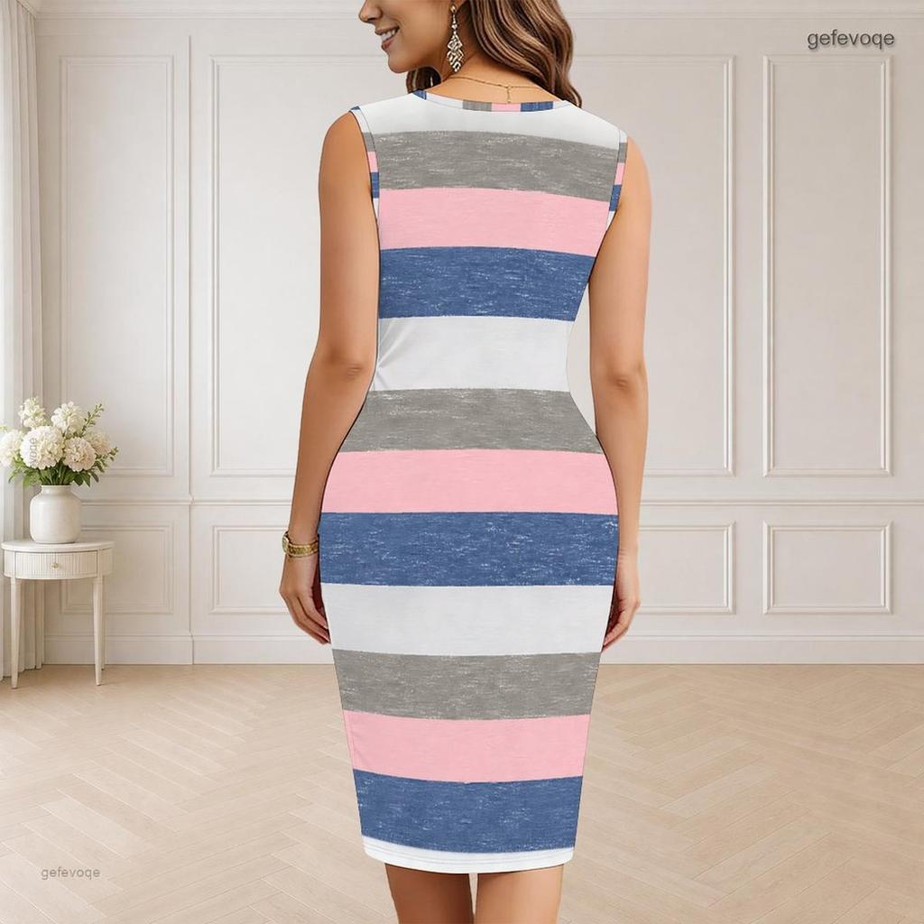 Women Plus Size White V Neck Sleeveless Printed Bodycon Midi Dress