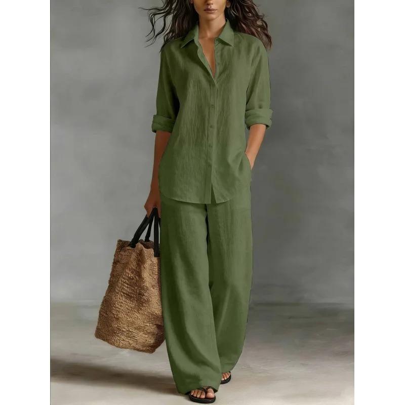 Fashion Linen Shirt Long Sleeved Women's Set Spring Autumn Loose Wide Leg Trousers Female Office Set