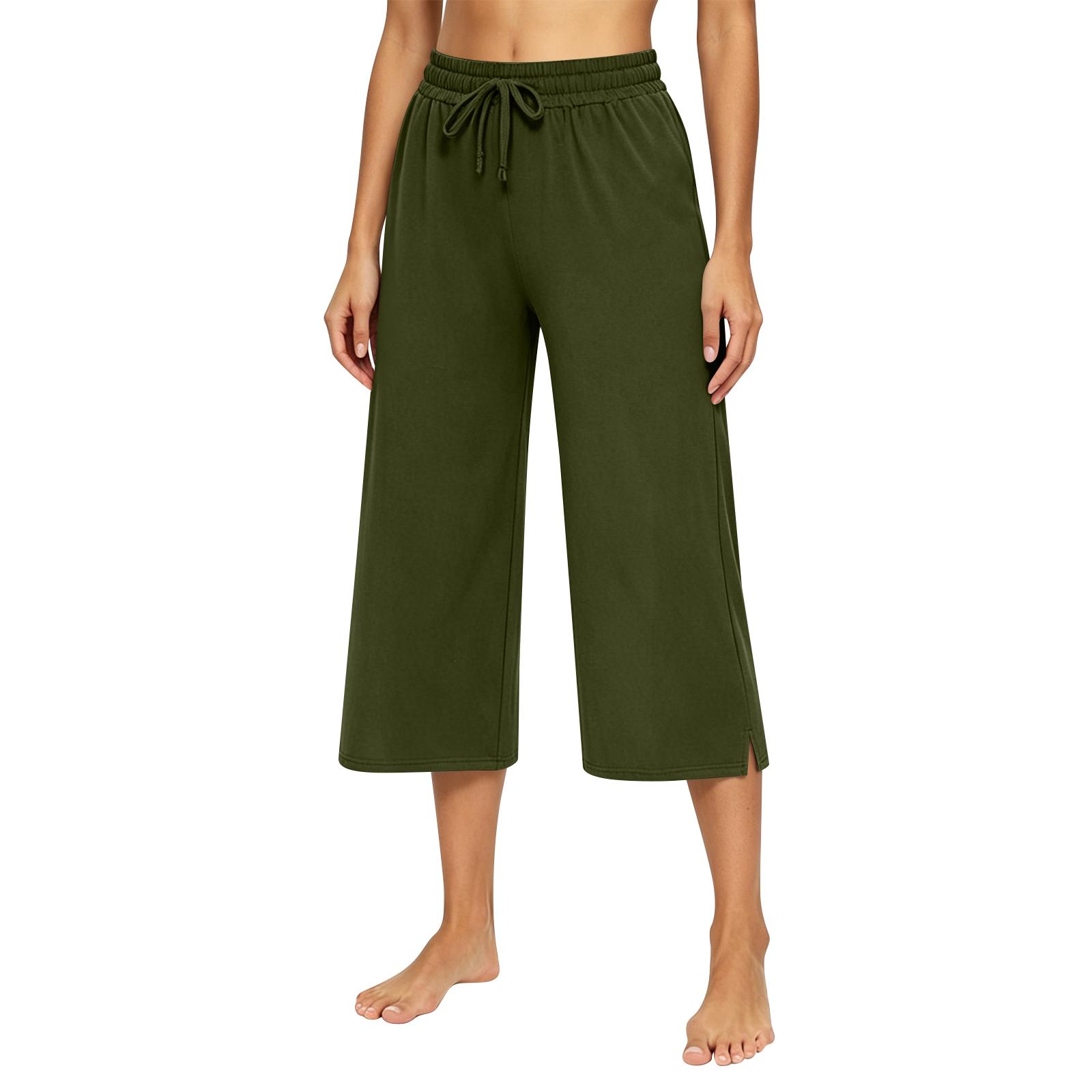 Women s High Waist Wide Leg Pants with Drawstring Pockets Casual Cropped Trousers Lightweight Comfortable Elastic Waistband S