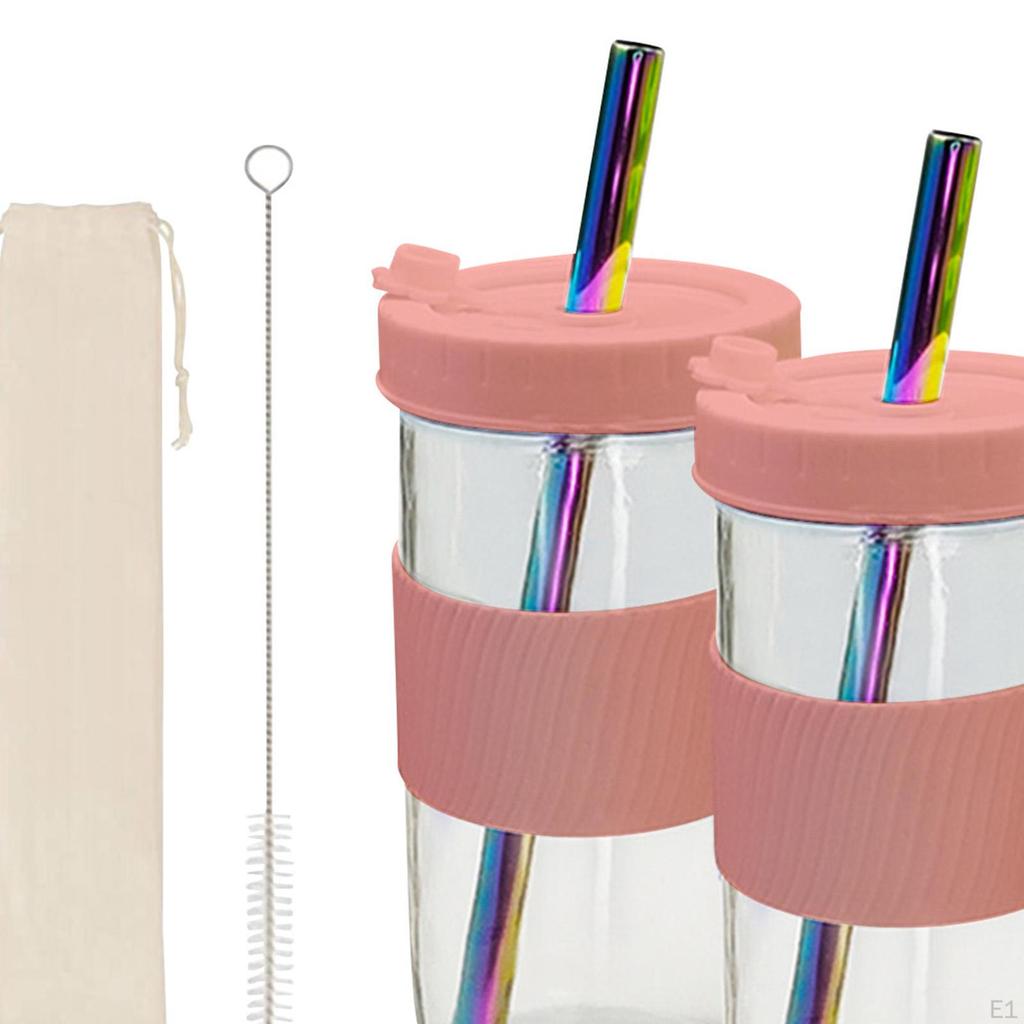 Glass Kit Smoothie Mugs Jar with Lid Straw for Drinking Cold Iced Office Travel