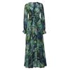 2025 European & American Women's V-Neck Long Dress - Red Leaf Print with Lantern Sleeves