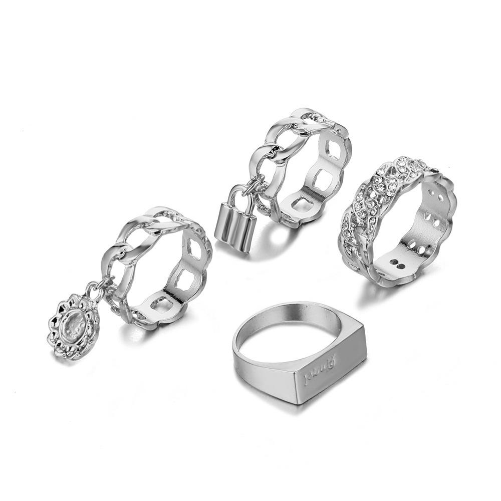 

Alloy Stylish Rhinestone Letter Rings Set Glamorous Statement Jewelry For Gifting Silver 4pcs