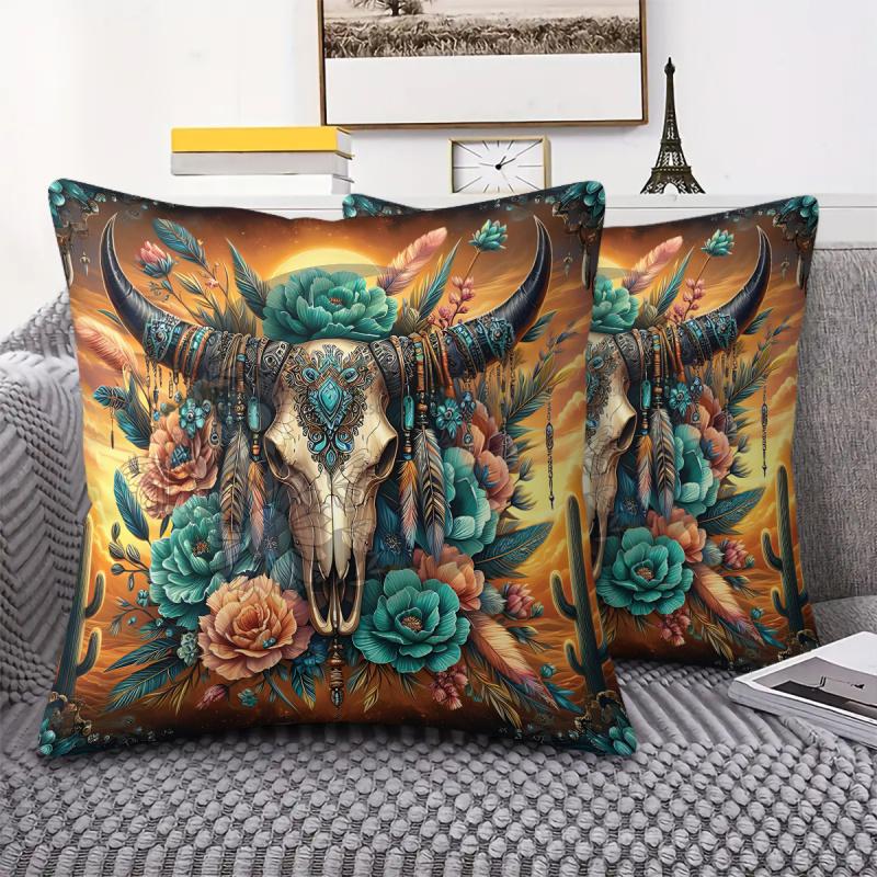 Vintage Western Cow Skull Throw Pillow Boho Sunflower Turquoise Print Decorative Cushion For Sofa Bedroom Living Room Cushion