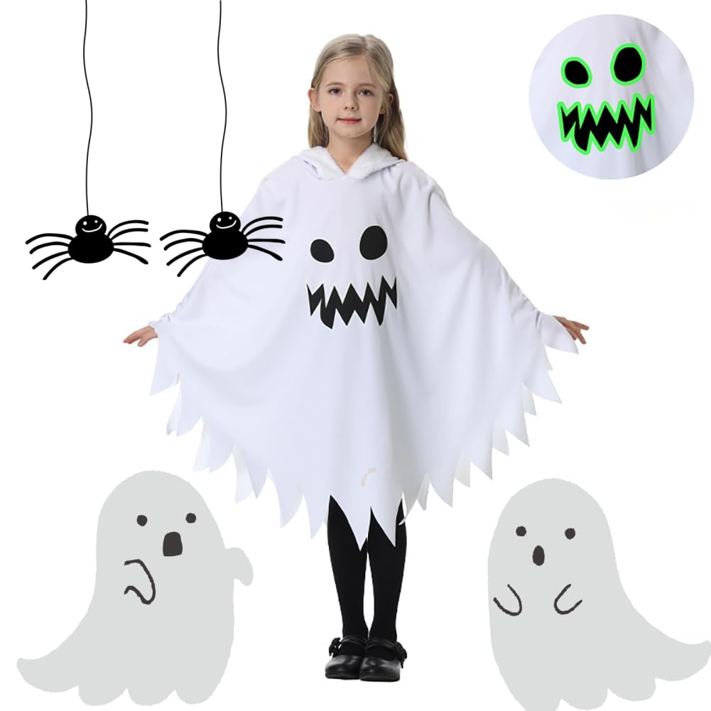 [LJZM] Ghost Cosplay für Kinder Halloween Geisterkostüm Kinder Sensenmann Teufelskostüm Geisterponcho Fluoreszierender Effekt Jungen Mädchen Umhang Niedlich (Weiß, L)