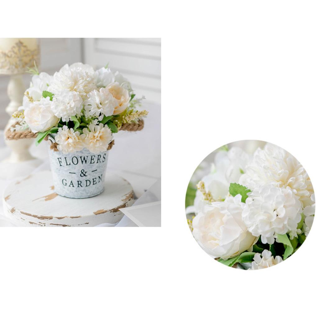 Artificial Flowers with Vase Faux Rose Plants Bucket Arrangement Decorations Home Decor Planter Container for