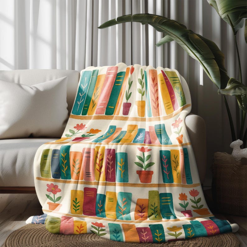 Colorful Bookshelf Flannel printed blanket suitable for all seasons suitable for living room office sofa and travel 180x250CM