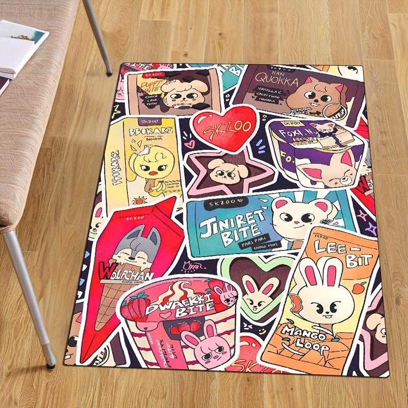 K-pop Idol Cute Cartoon Carpet Non-slip Polyester Carpet with Vibrant Mango and Rabbit Design for Bedroom Decor