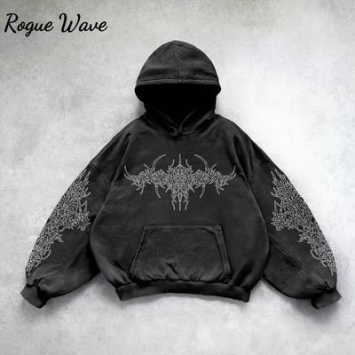 RogueWave Schwer gewaschener Herren Hoodie Sweatshirt Y2k Gothic Kleidung Retro Streetwear Muster Damen Pullover Lässige Mode für Männer Harajuku