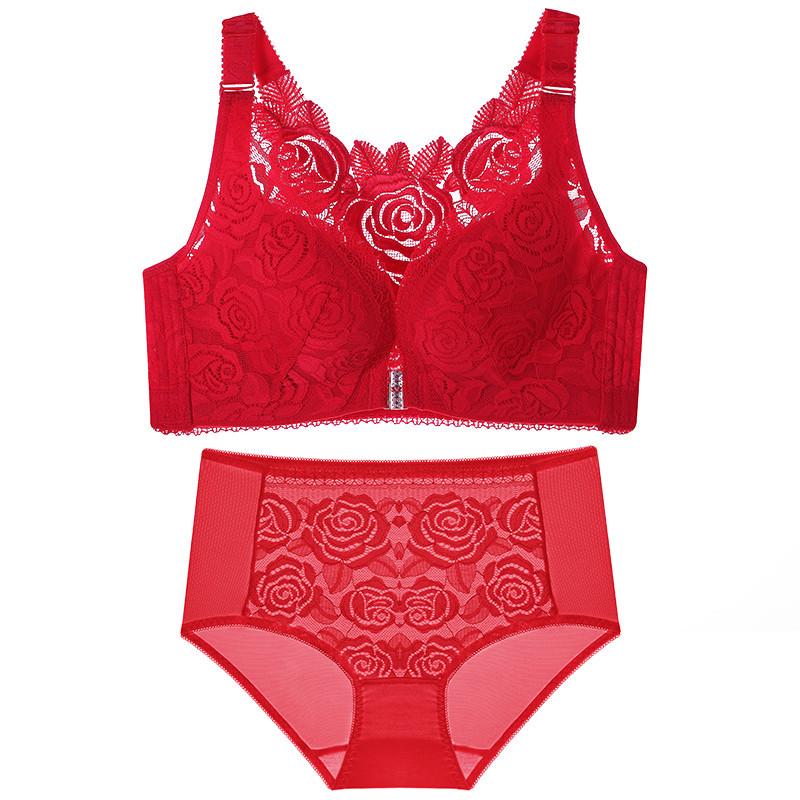 Front Buckle Rose Beautiful Back Plus Size Bra Set Big Breasts Small Gathering Underwear Women's Upper Support Adjustable Bra