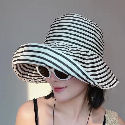 Wide Brim Foldable Summer Striped Fisherman Hat Windproof Anti-Uv Sun Cap Outing Beach Hat Breathable Hat