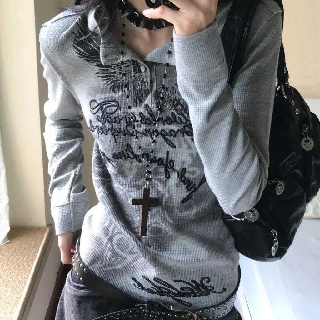 Kragen Y2k T-Shirts Damen Vintage Streetwear Amerikanisch Langarm Oberteil Grafik Basic Schmal Geschnitten T-Shirt Herbst