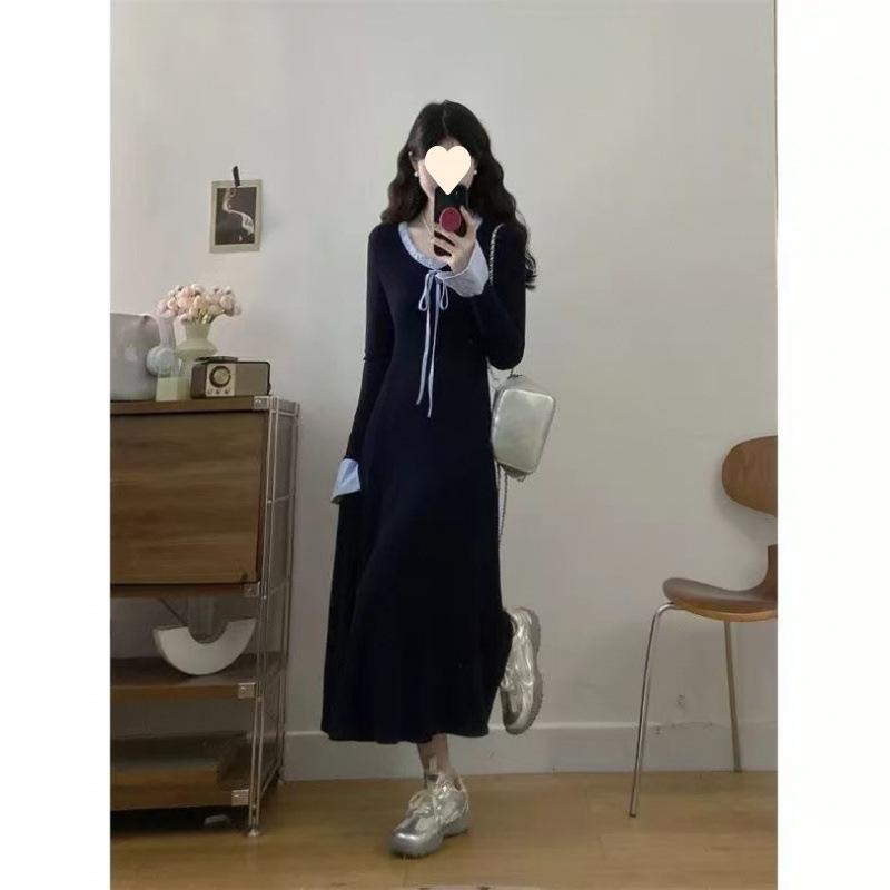 Large size bow lace-up dress for women's autumn and winter design sense splicing fungus edge long skirt