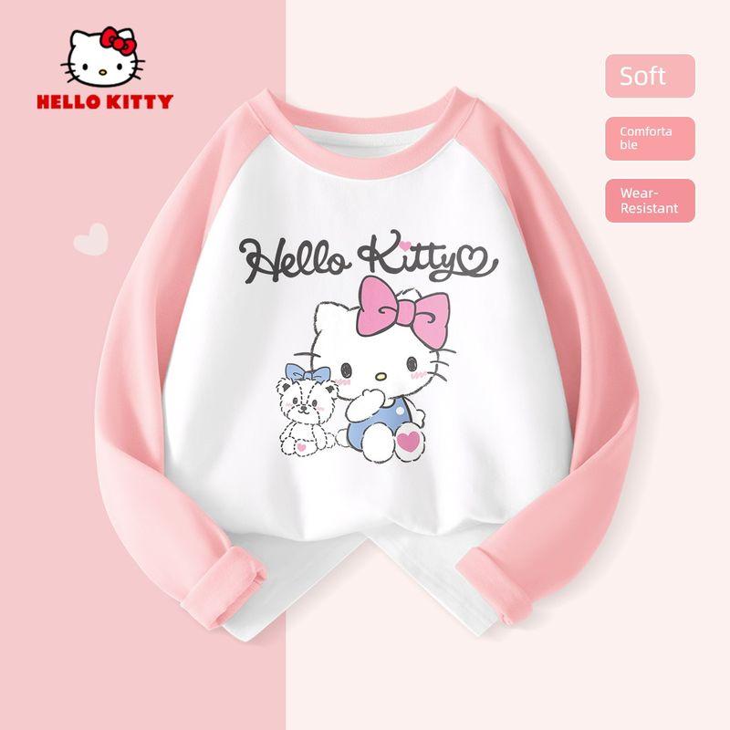 Hello Kitty Girls' Solid Color Base Shirt, Autumn 2024 New Long-Sleeve T-Shirt for Older Girls, Children's Inner Wear
