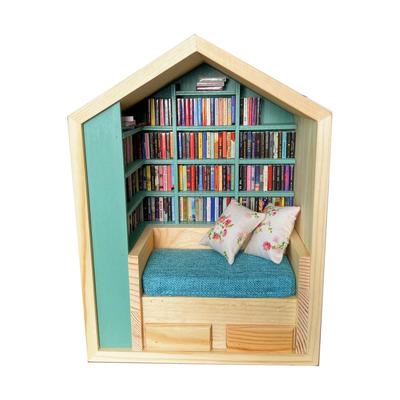Bibliothèque d'Anxiété Étagère d'Exposition Miniature en Bois Ornement avec 2 Coussins 200 Modèles de Livres pour Salon
