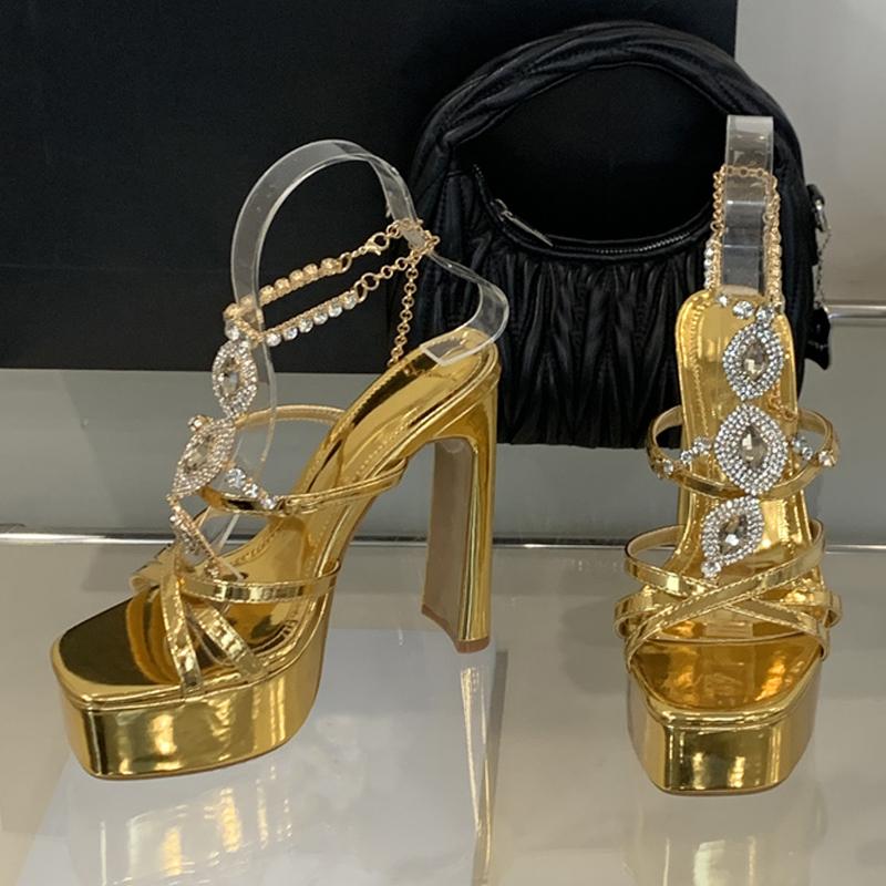 Fashion Liyke Runway Fashion Rhinestone Chain Ankle Strap Gold Sandal Women Elegant Square Toe Platform High Heels Wedding Banquet Shoes