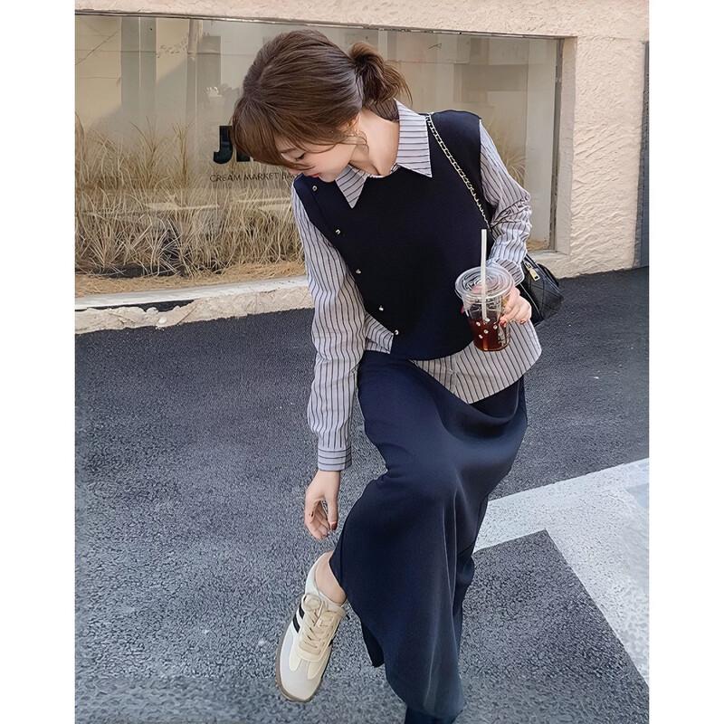 Women s Faux Two-Piece Striped Shirt, Knitted Vest & Skirt Set M