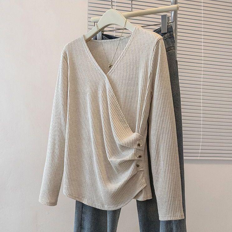 

Plus Size Slimming Irregular Neck Long-Sleeve T-shirt with Waist-Cinching Pleats L (Recommended for 90-120 jin) абрикосовый