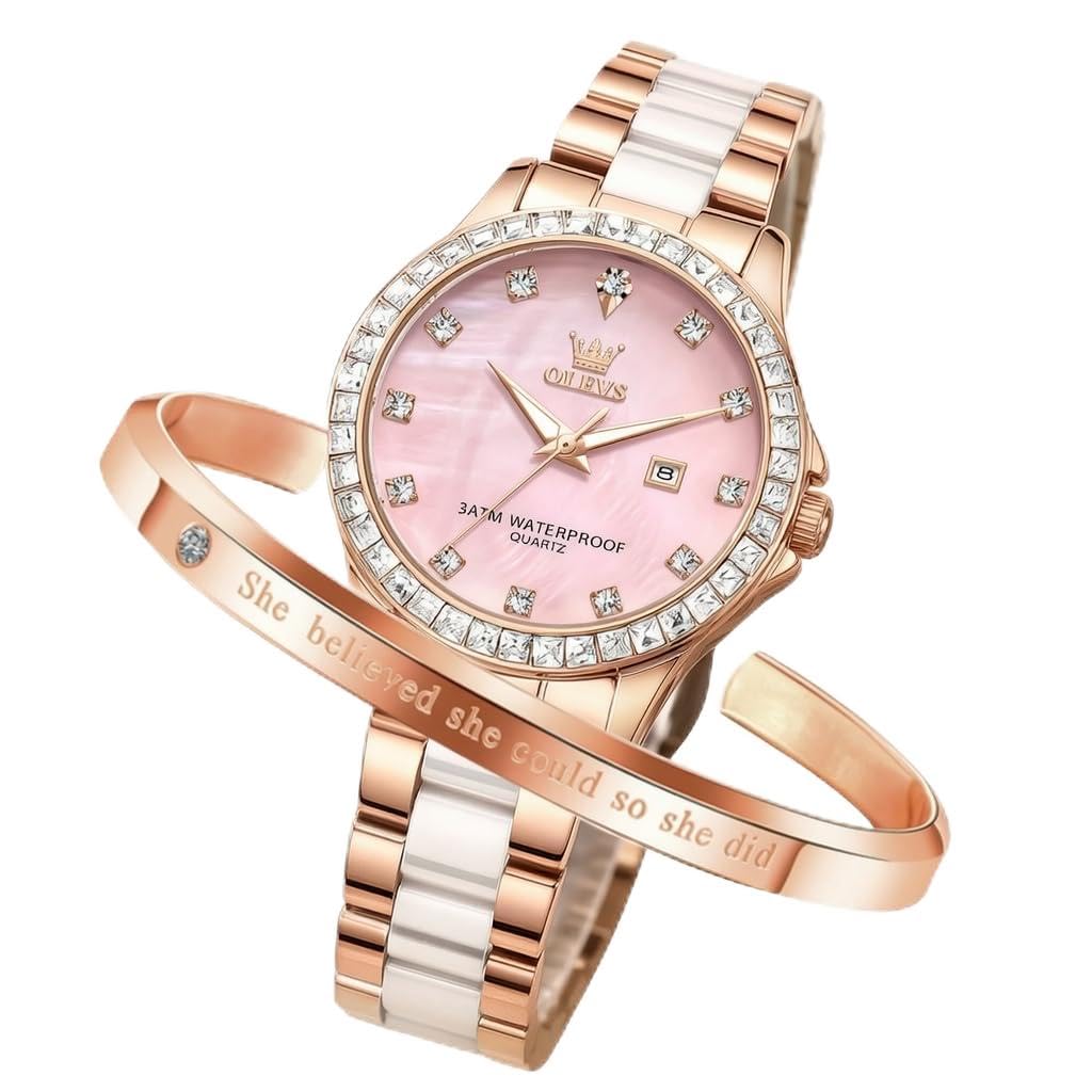 OLEVS Shell Date with Pink Gold Women s Watch, Dial, Ceramic, Diamond, Display, Waterproof, Luminous, Stylish, Bracelet,