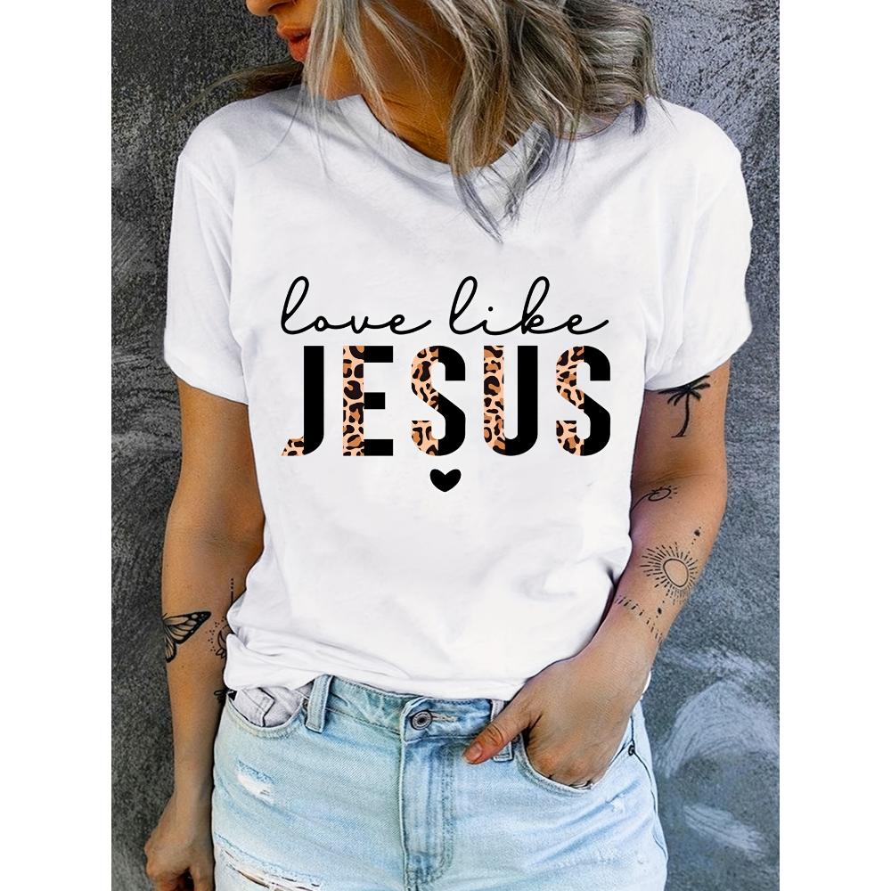 Tričko Love Like Jesus s potiskem, krátký rukáv s výstřihem, neformální top na léto a jaro, dámské oblečení