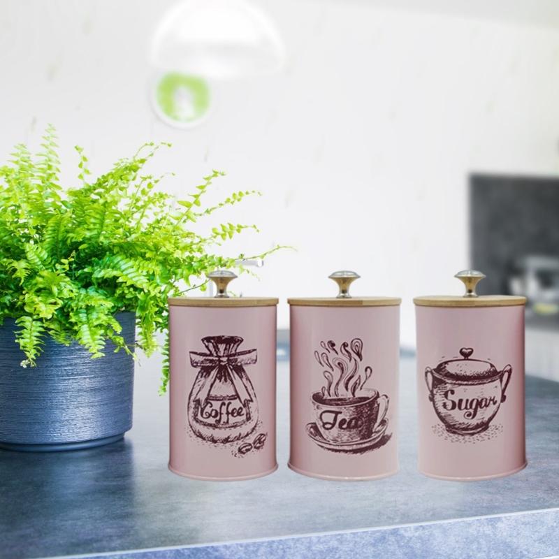 Stylish Iron Kitchen Canisters Portable Accessory for Countertop Storage of Coffee and Sugar with Dustproof Wood Lids