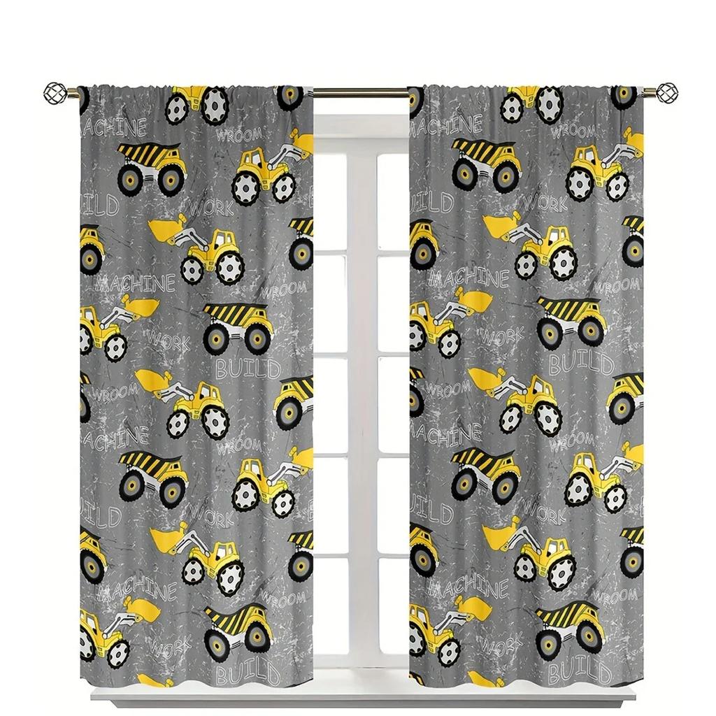Set Of 2 Cartoon Fun Various Engineering Vehicle Printed Curtains Pole Bag Home Decoration Room Curtain Polyester