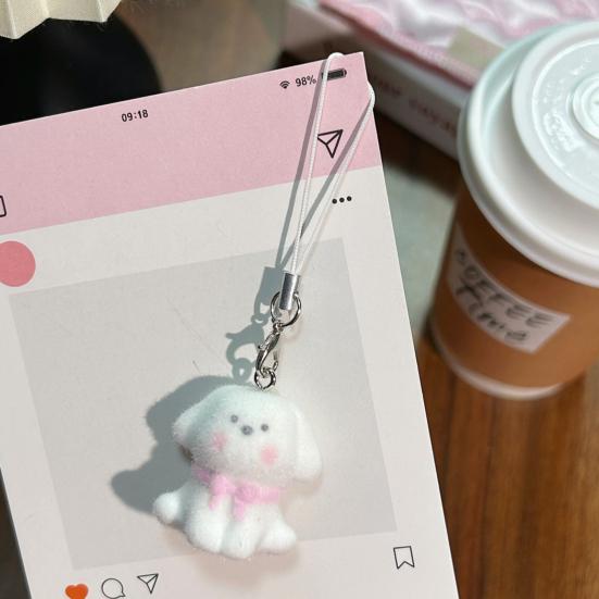 Decorative Pendant Flocking Puppy Shape Keychain Bag Charm with Lanyard Mobile Phone Bag Hanging Ornament