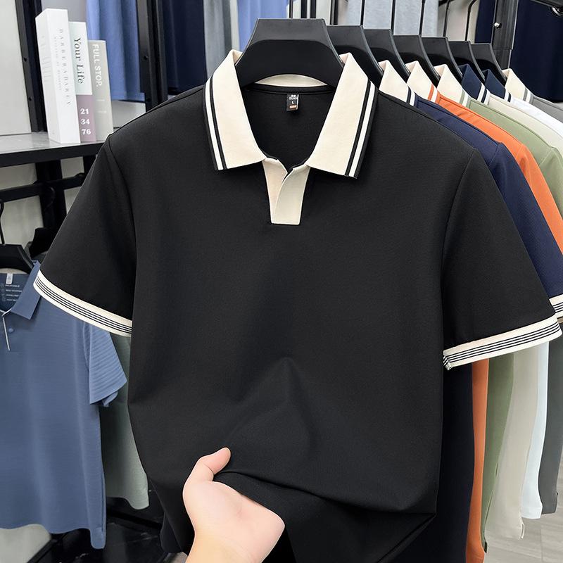 Men s Seagull Collar Short Sleeve Polo Shirt - Summer Casual Versatile Lapel T-Shirt XL чёрный