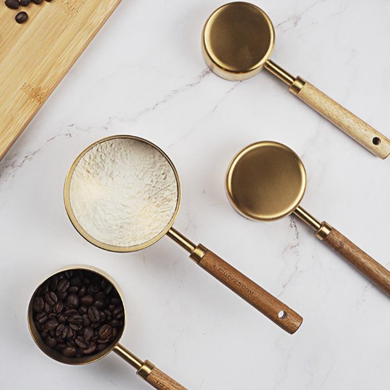 Set of 8 Baking Tool Set Stainless Steel Measuring Cups Measuring Spoons Wood Handle Kitchenwares for Coffee Powder