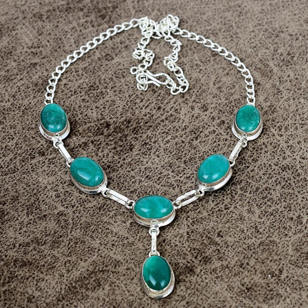 Green Jade Gemstone Handmade 925 Sterling Silver Jewelry Necklace 18" KKG-396