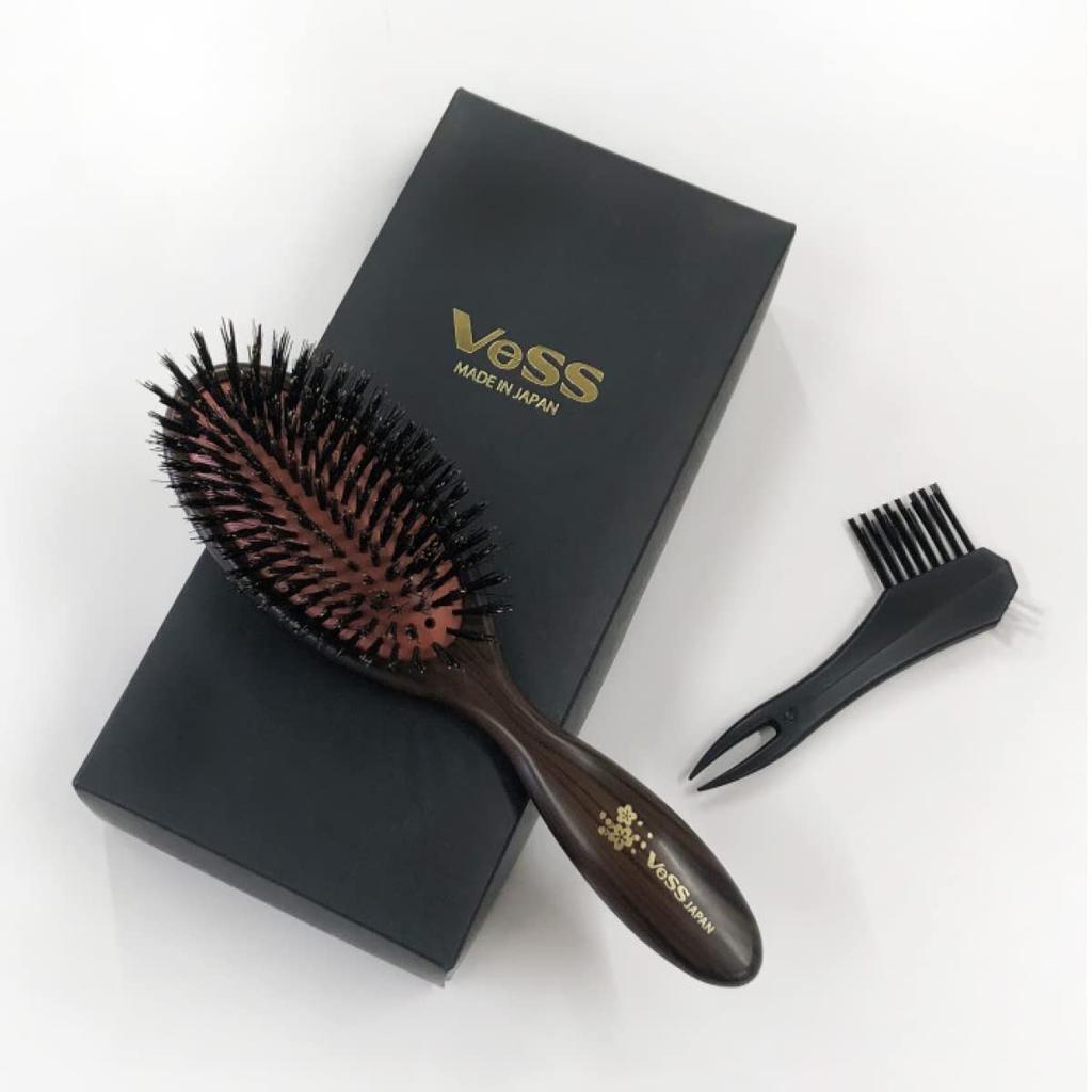 Bess VESS In Natural Bristle Cushion Brush with Stepped Brush Cleaner Gift [Made Japan] 100% Boar/Pig Bristles, 3-Way Included, Idea, SP-5000
