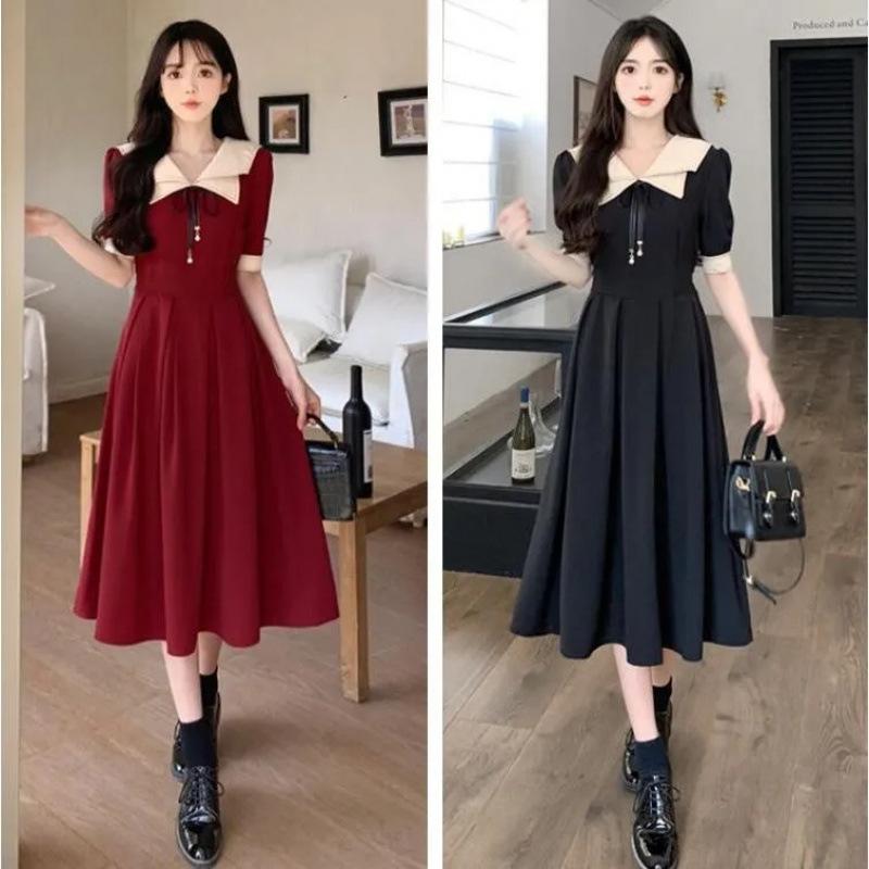 

Летнее Длинное Платье Детское Большого Размера в Академическом Стиле с Двойным Матросским Воротником и Коротким Рукавом M