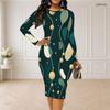 Women Plus Size Round Neck Long Sleeve Printed Dark Green Bodycon Midi Dress