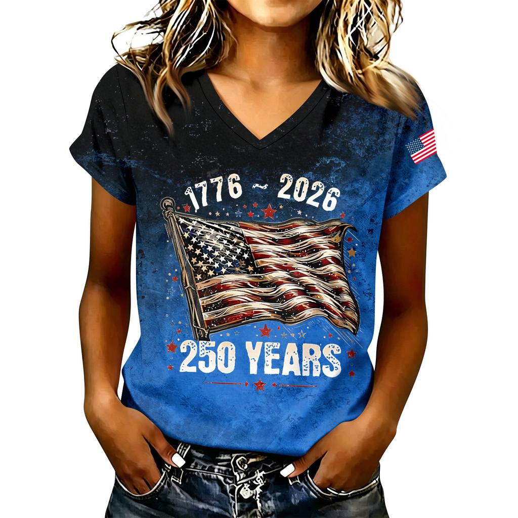 Women's Casual V Neck Short Sleeve T Shirt 250 Years Letter Print Top 1776 2026 American Flag Sleeve Detail Summer Tee