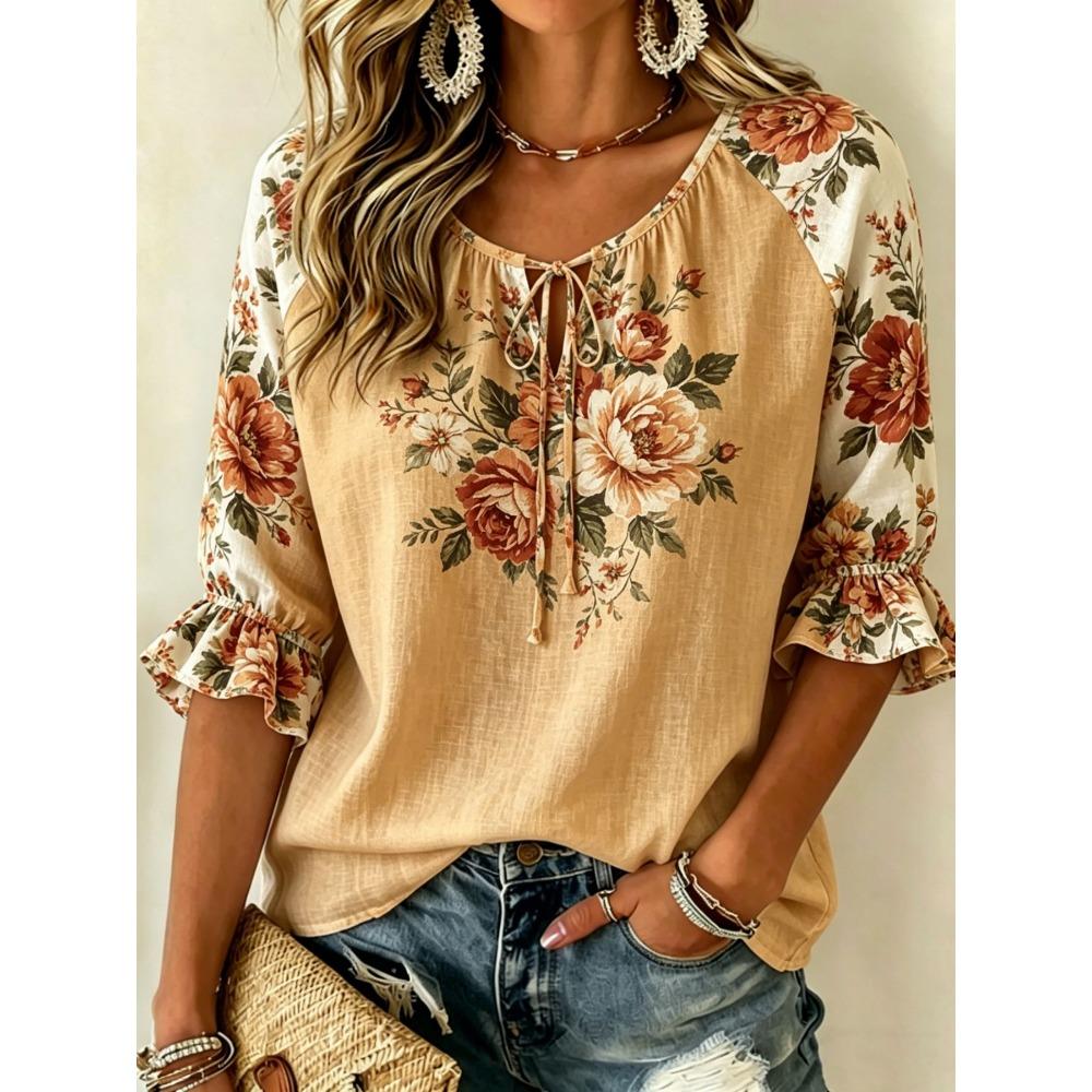 Women's Black Purple Floral Print Tie Neck Blouse, Casual Loose Tops for Spring Summer Daily Wear & Vacation Occasions