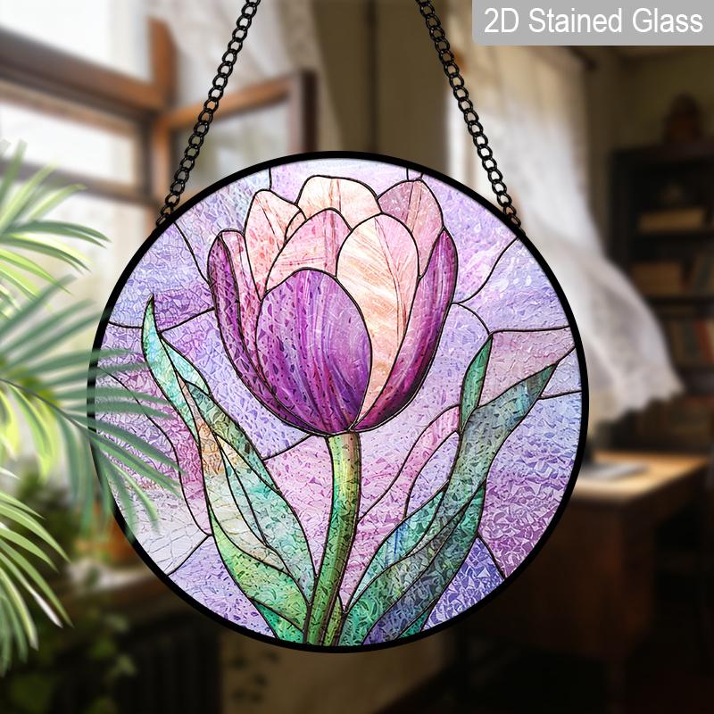 2D Flat Stained Glass Flower Window Decoration, 7.87inches Purple Tulips Design Colored Glass Plate with Chain, Charming Spring Summer Sun Catcher