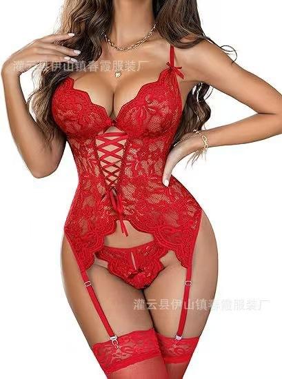 Popular European and American bras, sexy erotic underwear, seduction lace perspective backless deep V suit