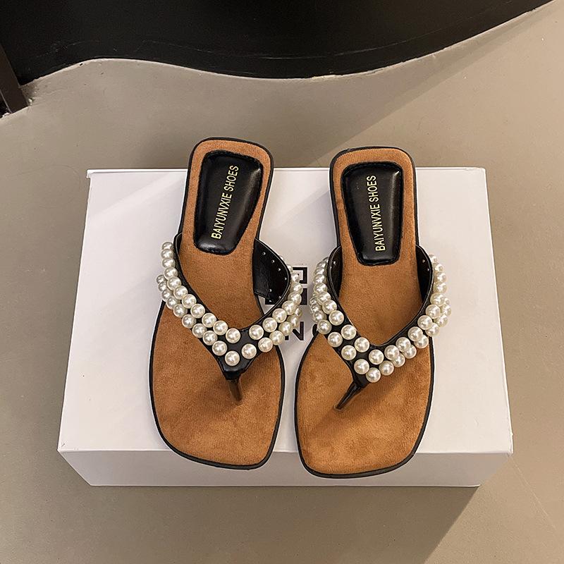 

2025 summer new soft leather square head sandals pinch feet cat and slippers wear versatile thin heel flip-flops shoes women 40 чёрный