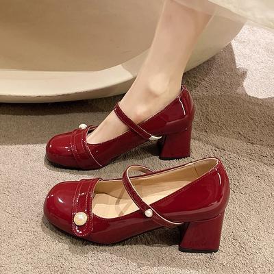 Burgundy Hepburn Style Små Läderskor Dam Vår Ny Brittisk stil Retro Tjockklack Högklackat Mary Jane Singelskor