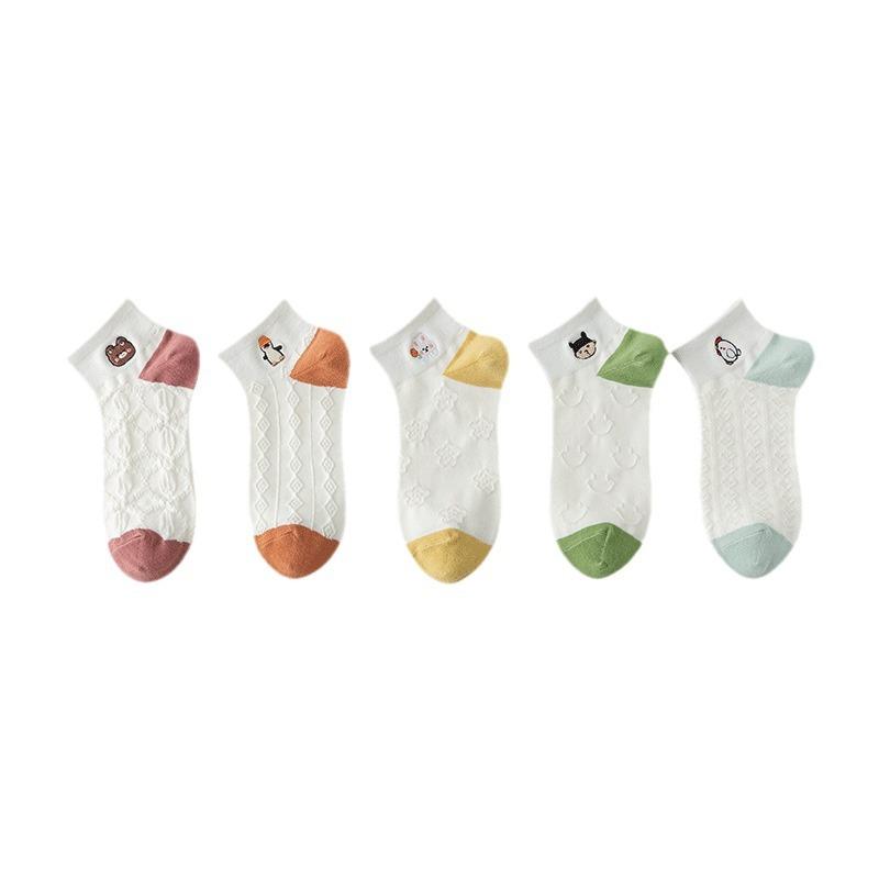 5 Pairs of Women's Pure Color Spring Summer Thin Embroidered Short Tube Boat Socks