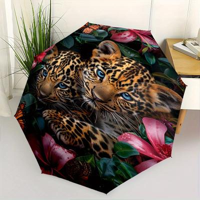 Leopardungar, Tropiskt Trädgårdstema Automatisk Öppning/Stängning Paraply, Bärbart 3-fällbart Kompakt Paraply för Män & Kvinnor, Alla Hjärtans Dag Mors Dag Present