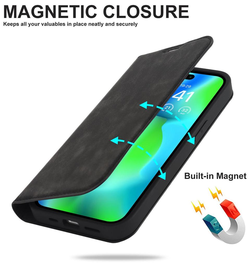 iPhone 15 Anti-Theft Leather Case with MagSafe, Wireless Charging, and Card Holder