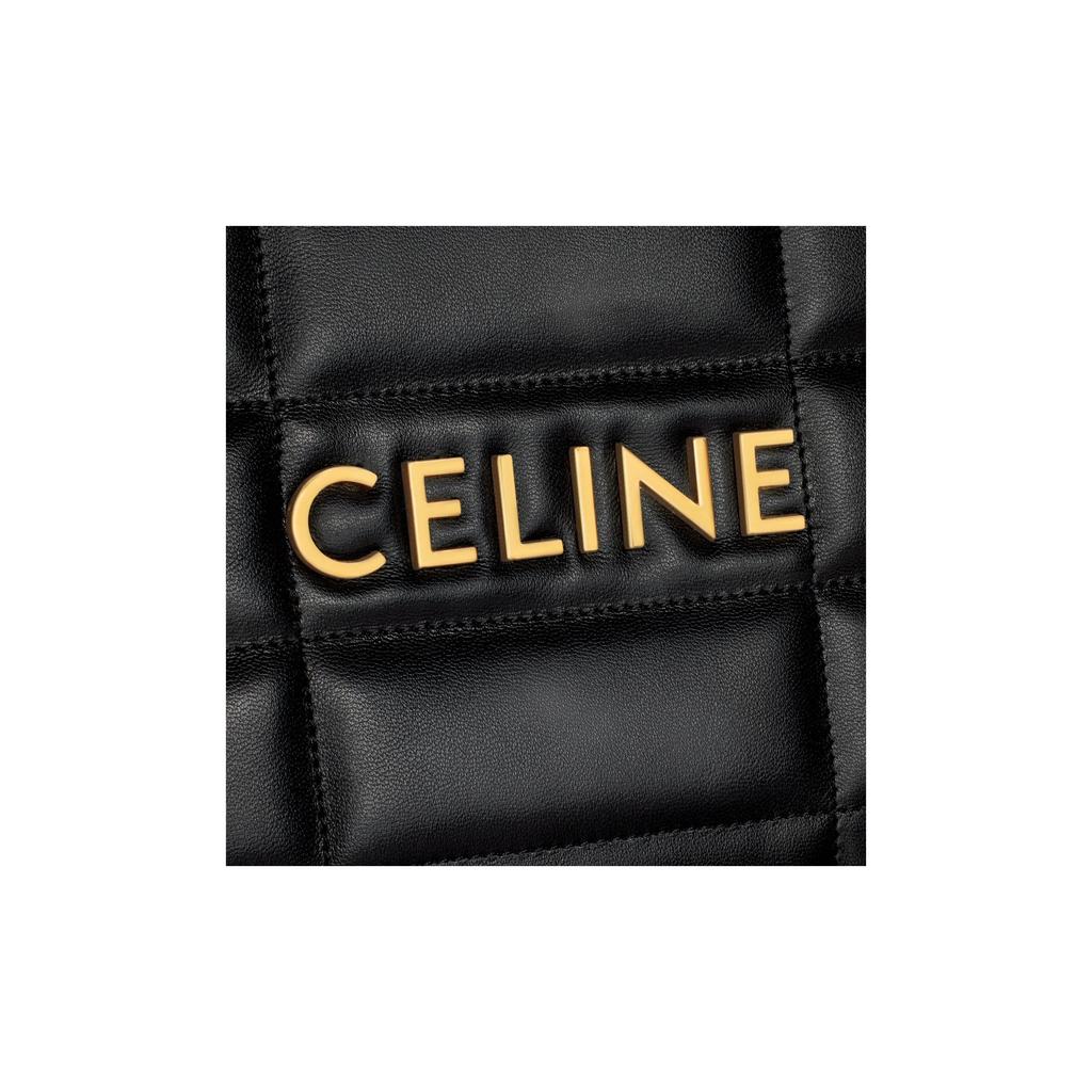 Celine Gold Logo Quilted Chain Handbag Calfskin Top Handle Clutch Small Size Women's Black