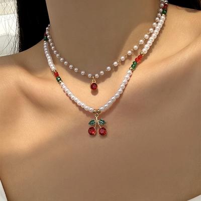 Cute Multi-layer Cherry Pendant Rice Beads Choker Necklace for Women Trendy Simple Strawberry Clavicle Chain Party Jewelry Gift