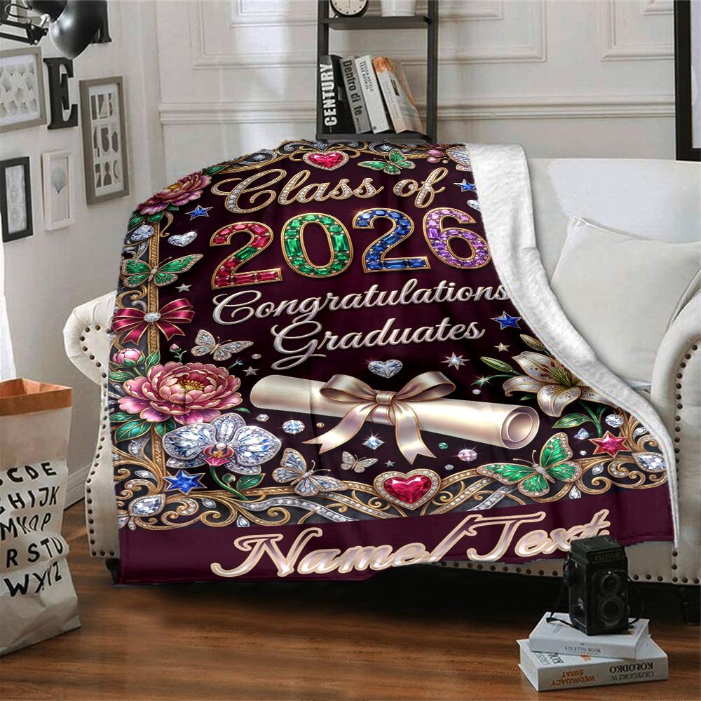 Graduation Celebration 2026 Floral Design Themed Blanket Personalized Name Soft Warm And Versatile For Sofa Bed Office And Travel Machine Washable
